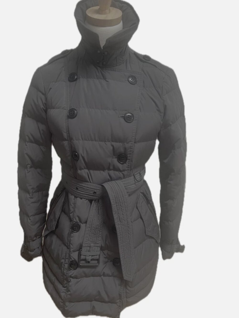 Burberry BRIT Double Breasted Blue Fox Trim Puffer W Sz M (6) Quiet Luxury